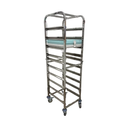 Regál, rozsdamentes, 9 db kórházi thermo tálcának