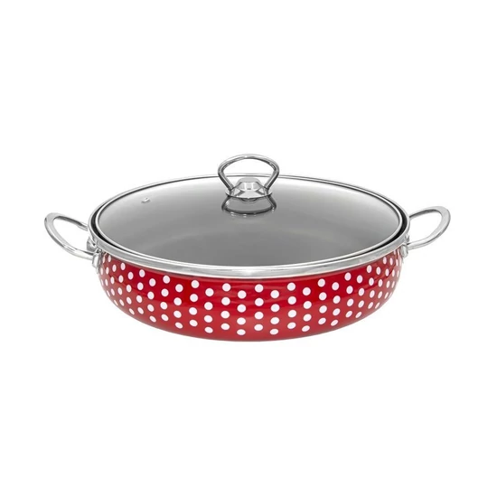 Piros pöttyös zománcozott szeletsütő lábas 26 cm+üvegfedő