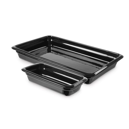 Porcelán GN 1/1-es edény 65 mm mély, fekete, 8,8 L, 530 x 325 x 65 mm